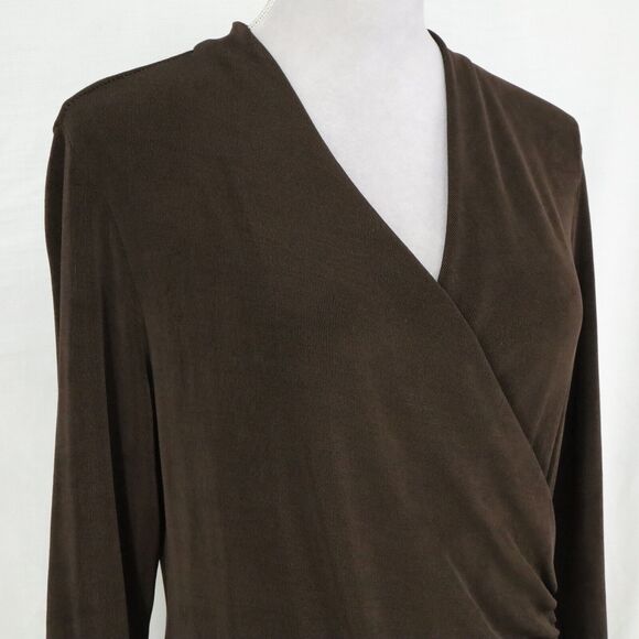 Chicos Travelers Top 1 Womens Medium 8 Brown Stretch Knit Blouse Faux Wrap Long - Picture 7 of 12